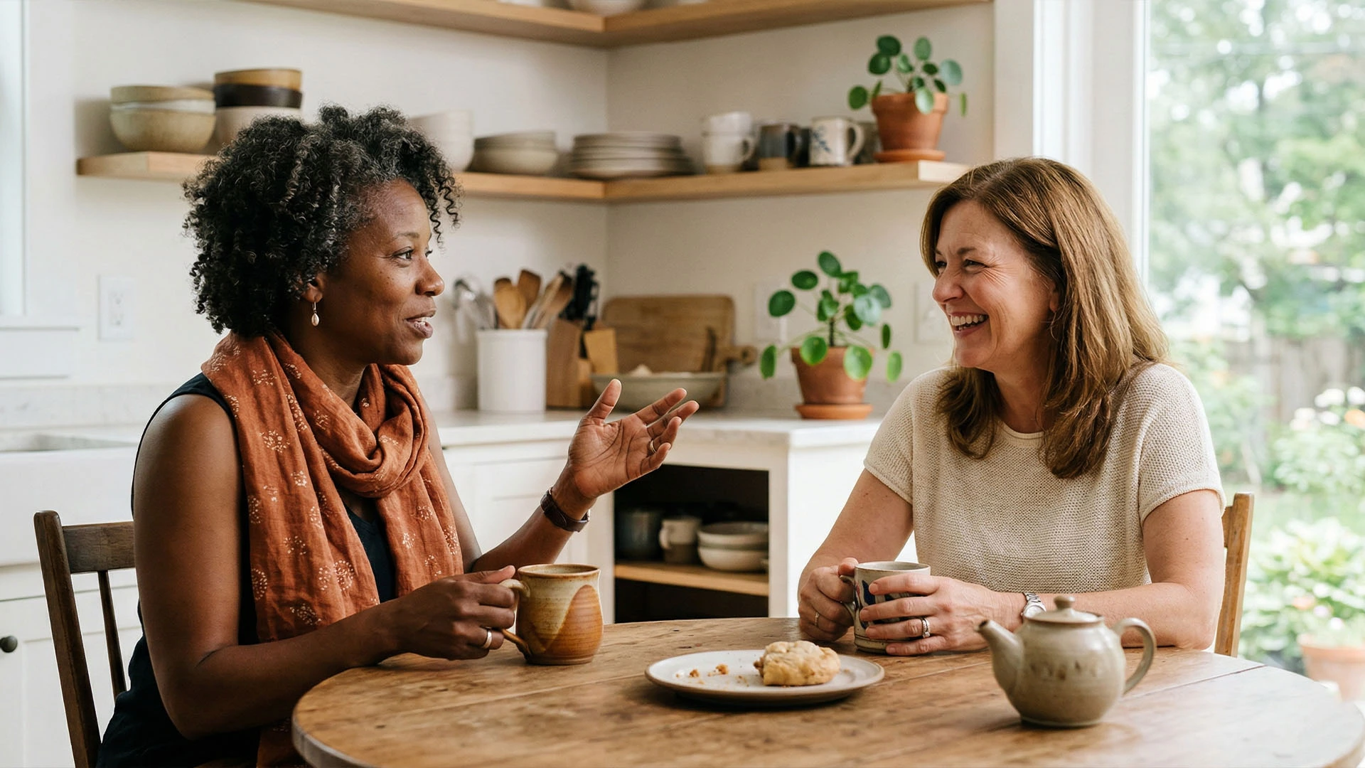 Friends in their 50s talking together at a table