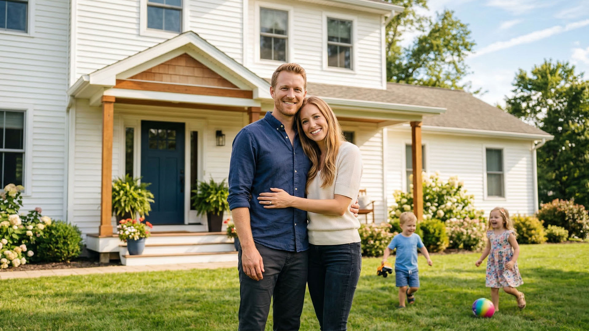 Couple standing in front of their home